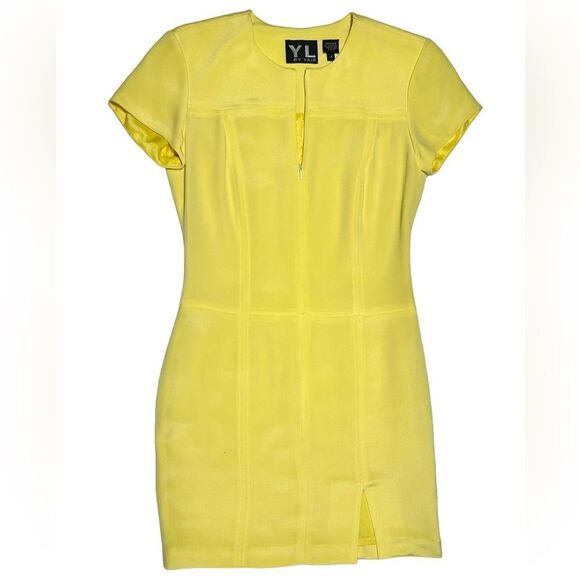 Vintage 100% Silk YL by Yair Yellow Mini Dress Short Sleeve Dress Vneck Zip Up - Picture 1 of 9